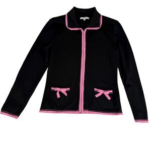 VERTIGO PARIS Black Pink Trim Bow Pocket Zip Up Cardigan‎ Sweater Women's L